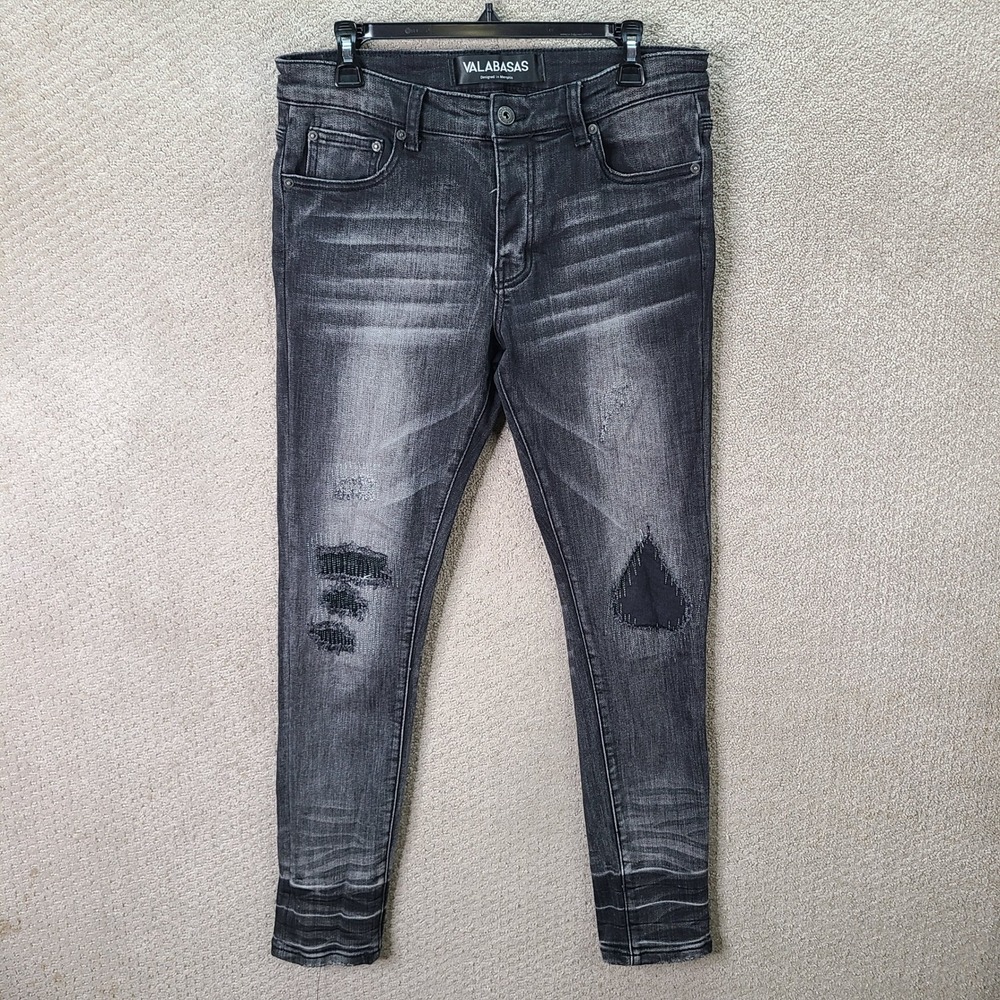 Valabasas Jeans Mens 32x32 Black Distressed Skinny Denim Button Fly Stretch
